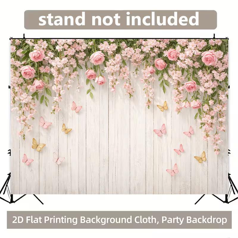 2D Flat Printing White Wood Plank Background Cloth with Pink Flowers for Birthday Party Photoshoot