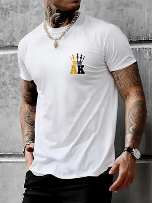 Mens Casual Crown AK Print Tshirt with Round Neck Short Sleeves Versatile and Machine Washable