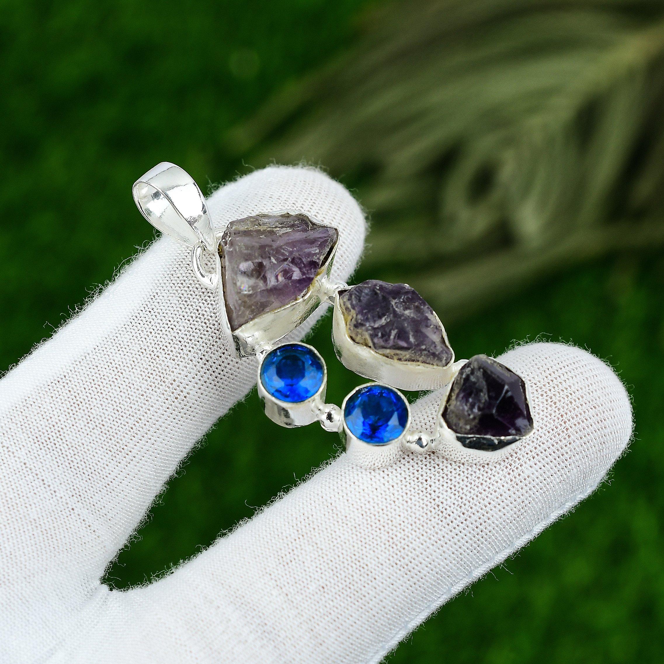 

Womens day Sale Sterling Silver Amethyst Rough Stone Blue Topaz Pendant Jewelry