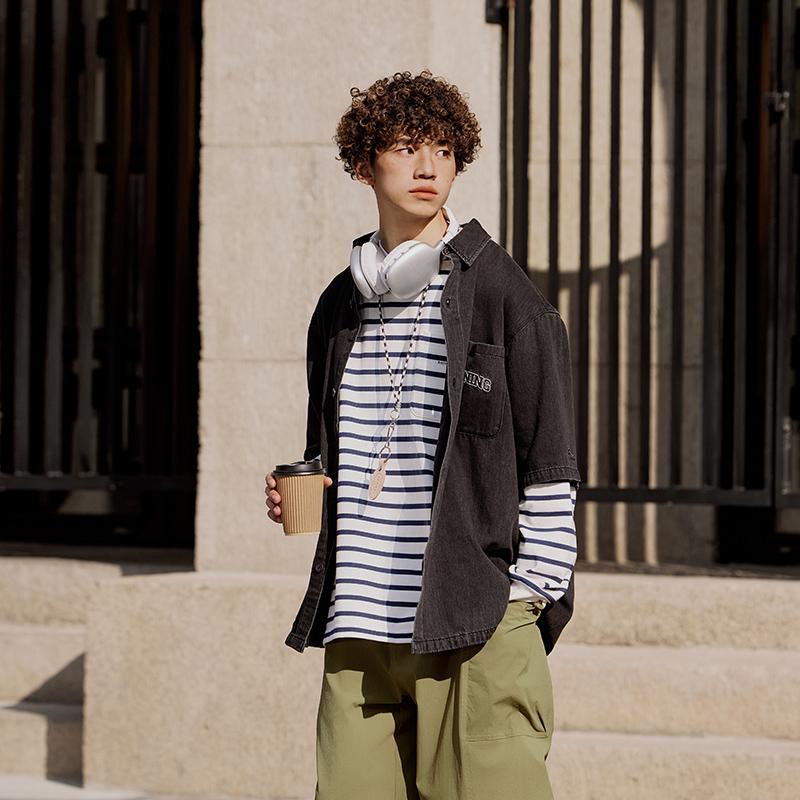 Li-Ning Embroidered Logo Print Sports Wash Denim Short Sleeve Shirt Men shirts Black ASHU477-2