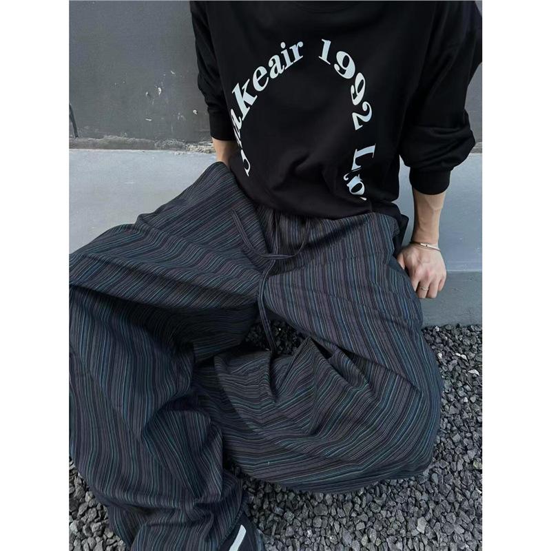 Amerikanische Retro-Schwarze und Blaue Vertikal gestreifte Säbel-Weitbeinige Hosen Herren und Damen Lässiges Lockeres Design Kann an den Füßen gebunden werden Bodenwischende Hosen