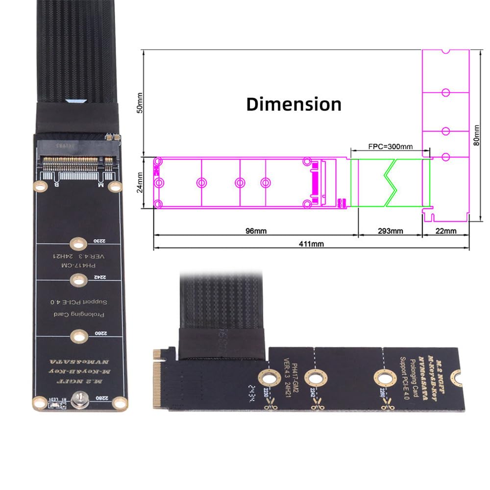 Xiwai NGFF NVME SSD Extender Card Flexible Express Extension Cable 30cm Right Angle 90 Degree Riser Adapter for Mainboard SSD M-Key PCI-E 4.0