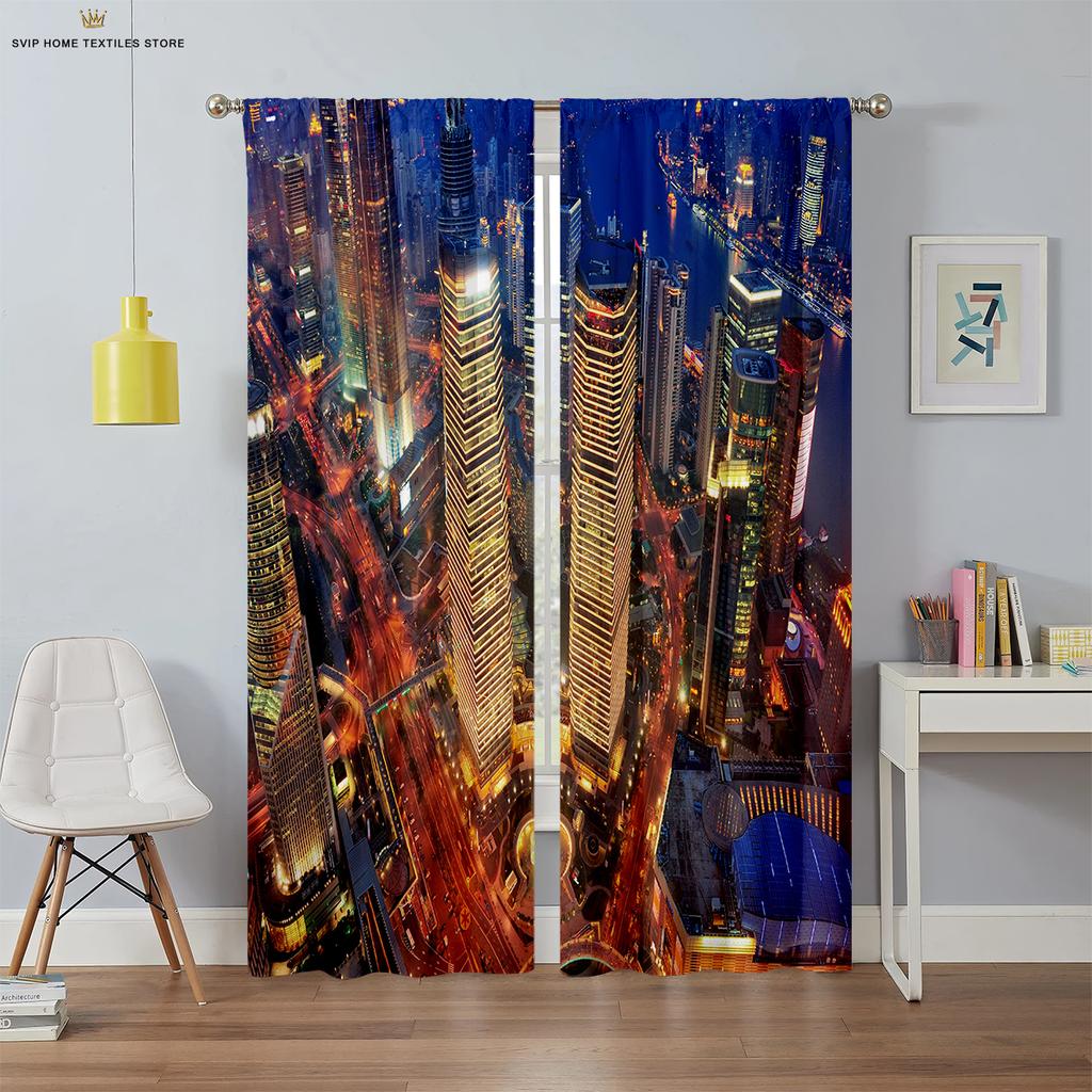 City Night View Building 3d Printing Curtains Living Room Study Bedroom Blackout Curtains High Quality Black Silk Material 2 Pcs