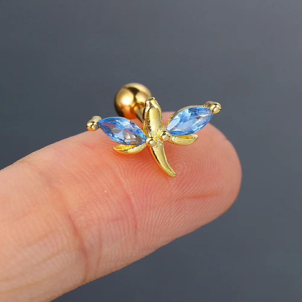 Zircon piercing piercing bone nails Butterfly flower earrings Titanium steel screws screw stud earrings Zircon