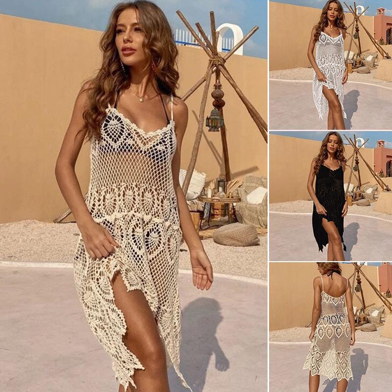 Lace Hollow-out Spaghetti Strap Beach Cover-up Dress - Women's Holiday Bikini Swimsuit Outerwear