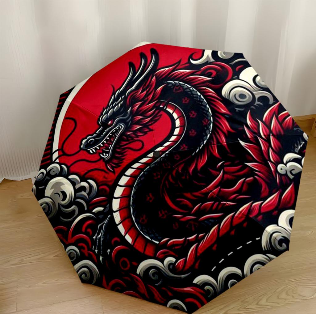 Red Dragon Circle Portable Automatic Umbrella Compact & Durable 8-Rib Design Lightweight Travel Essential Elegant Women's Umbrella