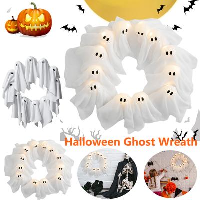 Halloween Decorations Ghost Wreath Cute Ghost Halloween Door Sign for Door Porch Wall Holiday Home Decor DIY Glow Ghost Lights