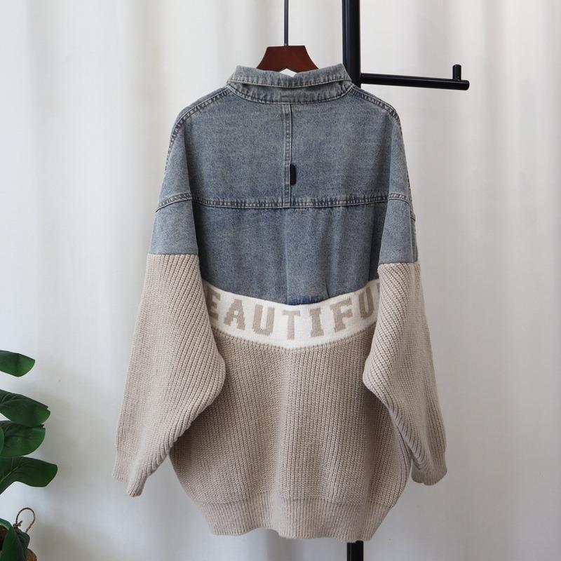 Autumn and winter new splicing denim design knitted cardigan loose medium and long sweater jacket women
