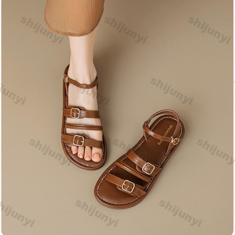 Sandales Vintage pour Femmes 2026 Nouvelles d'Été Extérieur Antidérapantes Plates Décontractées Mode Boucle Sangle Légères Confortables Chaussures Romaines