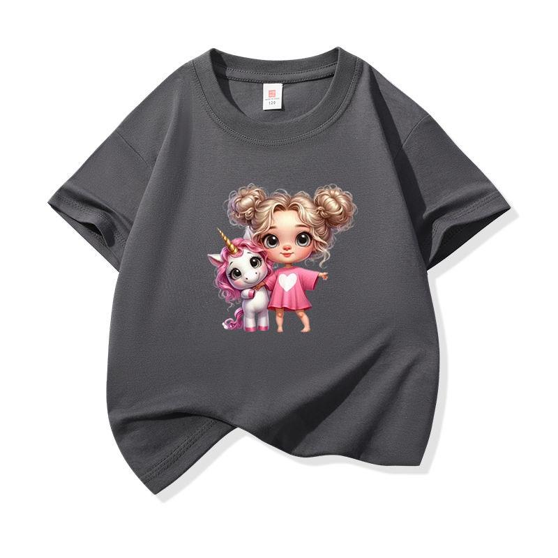 Kids Cotton T Shirt Cute Girl With Unicorn Print Crew Neck Short Sleeve Tee Casual Boys Girls Summer Tops