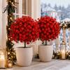 Home Decoration Floral Accents Christmas Artificial Poinsettia Flower Topiary Tree, Fade Resistant Faux Bush with Spike, Realistic Reusable