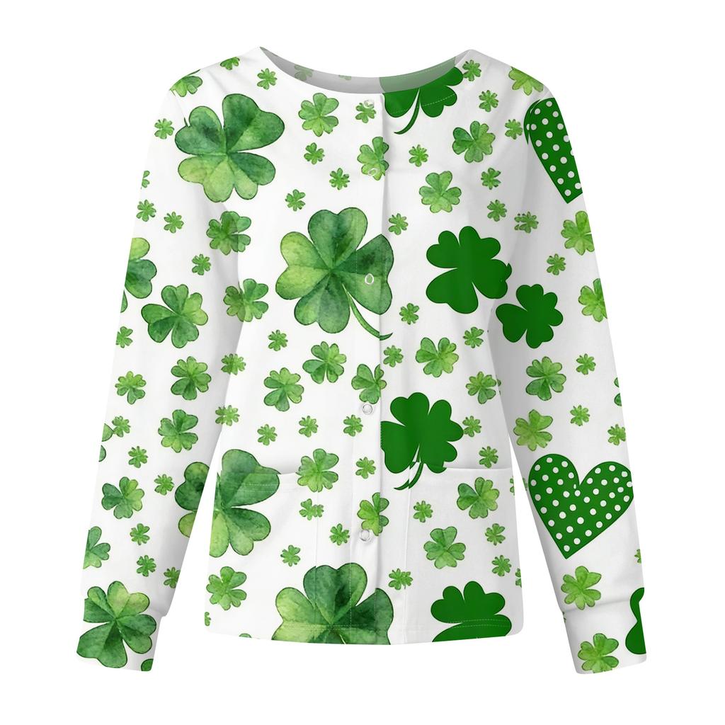 Damen Casual Mode Langarm Stehkragen Einreiher St. Patrick's Day Print Arbeitsjacke Tops