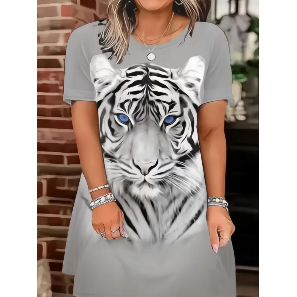 Fun Animal Patterns Women Mini Dresses Summer Short Sleeve Printed Plus Size Casual Comfortable Soft Dress