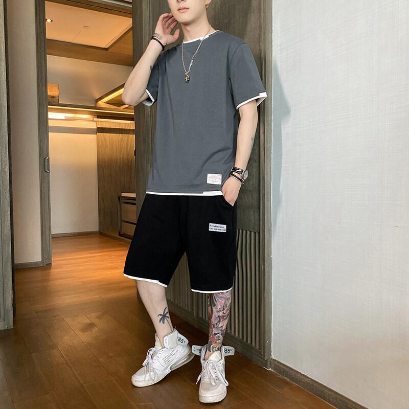 Men Two-piece Sets Sport Style Fashion Short-sleeved T-shirt Suit and Knee Length Short Pants Plus Size Men Clothing