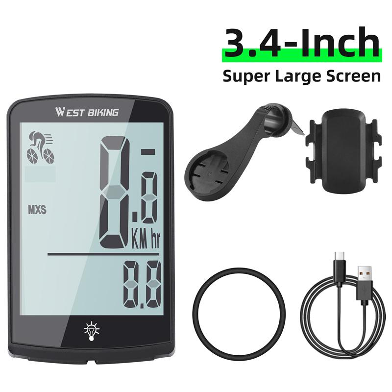 WEST BIKING Wireless Cycling Computer 3.4 Inch IP64 Waterproof Bicycle Speedometer USB Charging Bike Backlight Hub Speed Sensor2