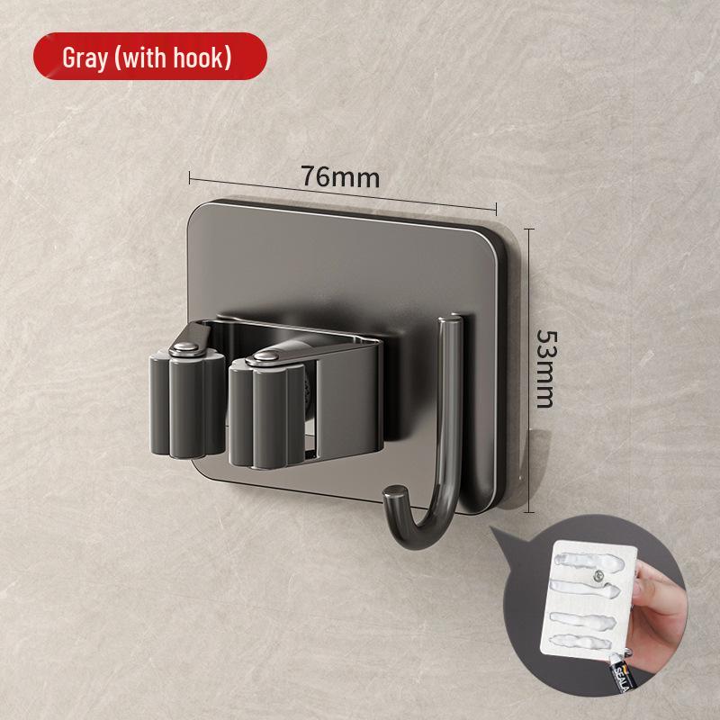 Stainless Steel No-Drill Mop & Broom Holder with Hooks - Wall-Mounted, Strong Adhesive Storage Clip