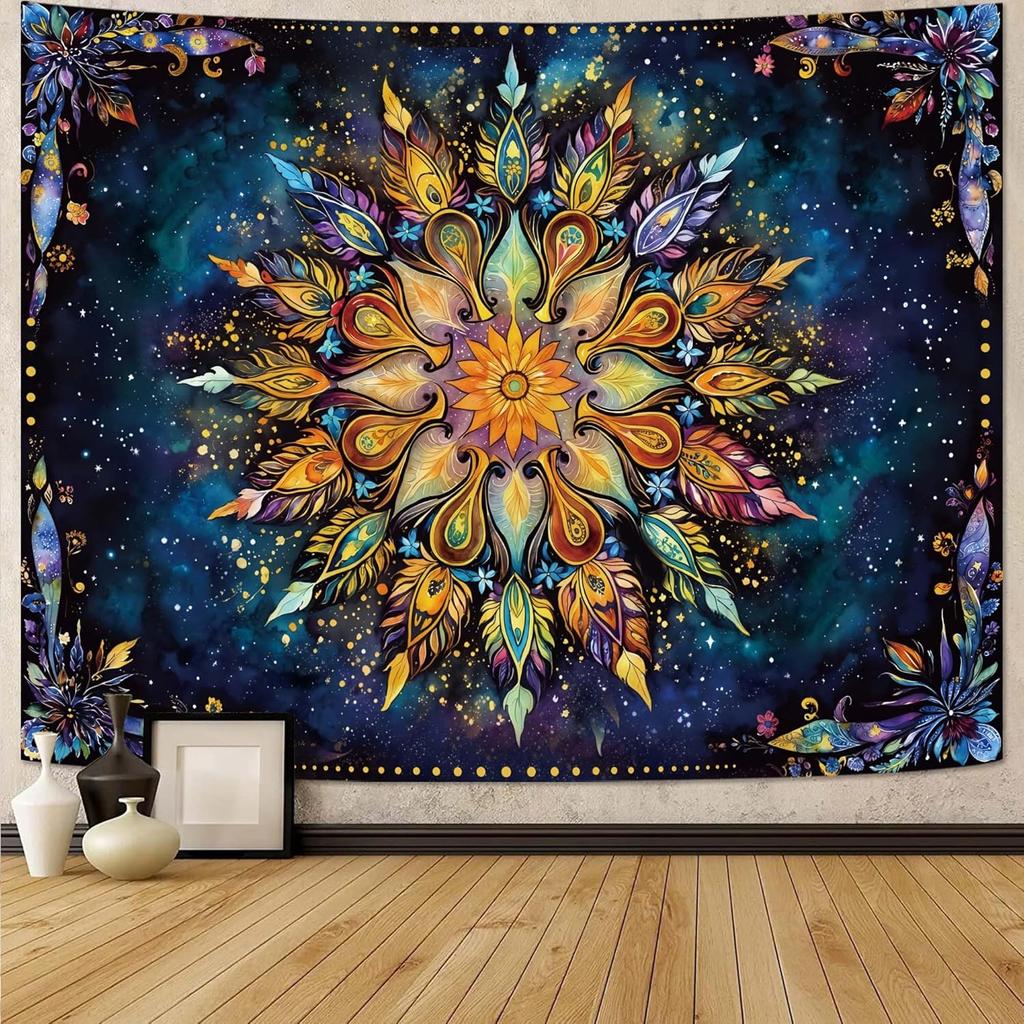 Bohemian Peacock Feather Mandala Tapestry, Colorful Floral Print with Starry Galaxy Background Large Wall Hanging for Bedroom