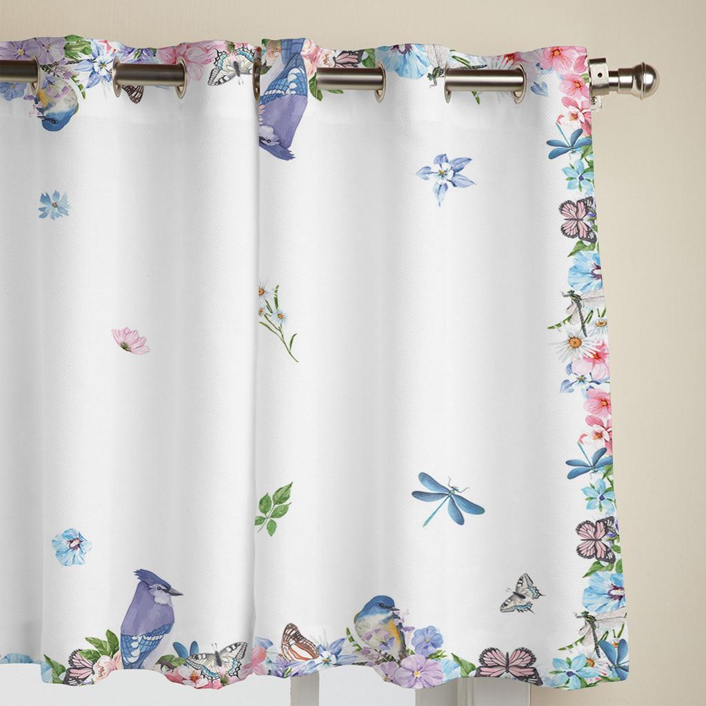 Spring Flowers Watercolor Butterfly Bird Window Curtain Living Room Valance Curtain for Bedroom Home Kitchen Decor Curtain