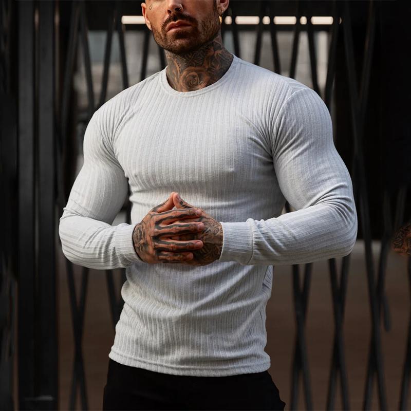 Muscleguys Autumn Running T-shirts Mens Classic Ribbed Knit Jumper Sports Long Sleeved Slim Fit Round Neck Casual Gym Fitness T Shirt