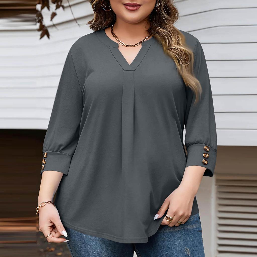 Women's Fashionable Casual Plus-Size V-Neck Button-Down Short-Sleeve Top