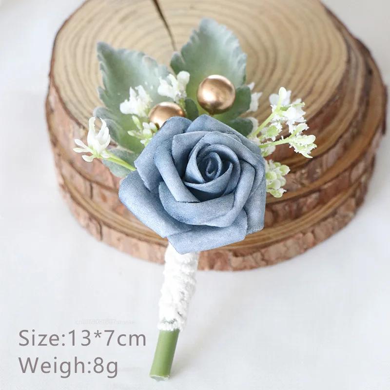 1pc Boutonnieres Flowers Artificial White Roses Silk Ivory Corsage Buttonhole Groomsmen Boutonniere for Men Wedding Supplies