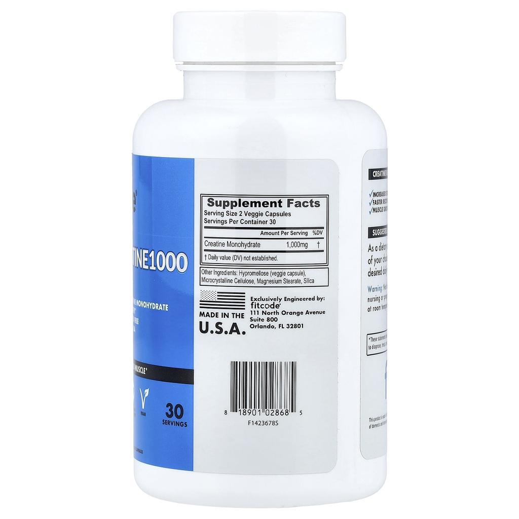 fitcode, Creatine1000, 60 Veggie Capsules (500mg per capsule)