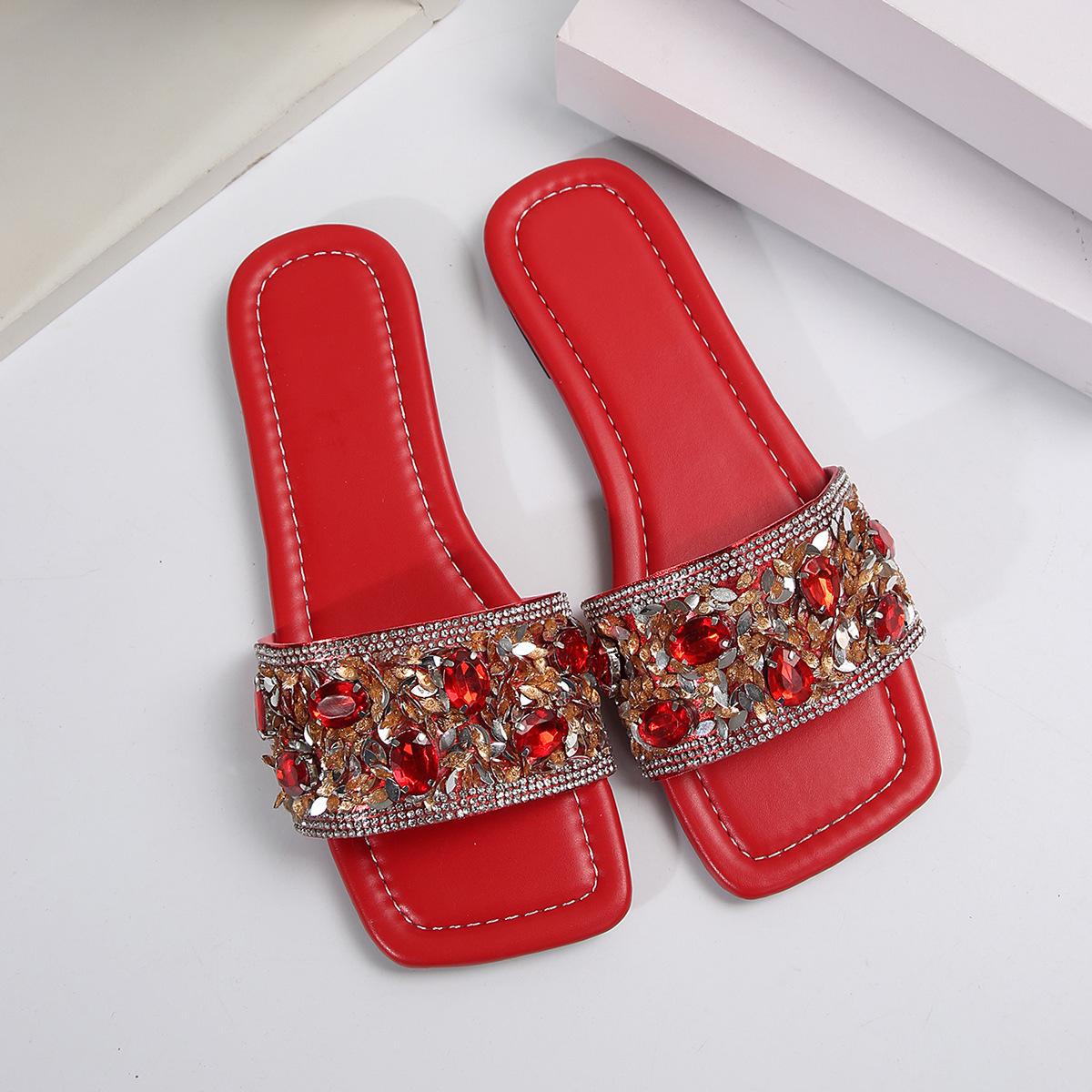 

Серебряные блестящие тапочки женские летние на грубых каблуках цветные модные босоножки со стразами на плоской подошве женские туфли размер 43 43 красный