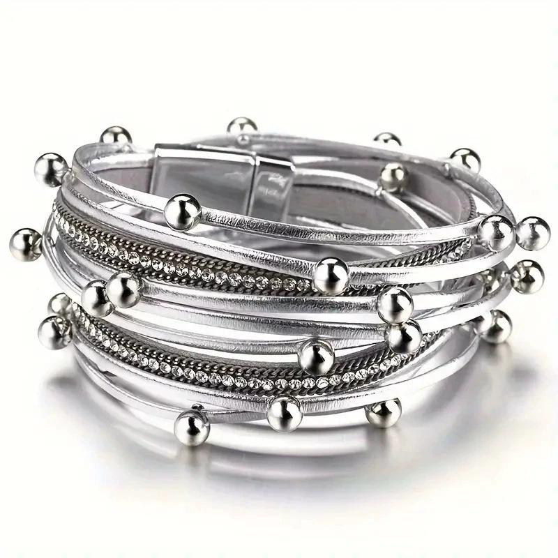 Women's Fashion Rhinestone Leopard Print Multi-Layer Magnetic PU Leather Bracelet