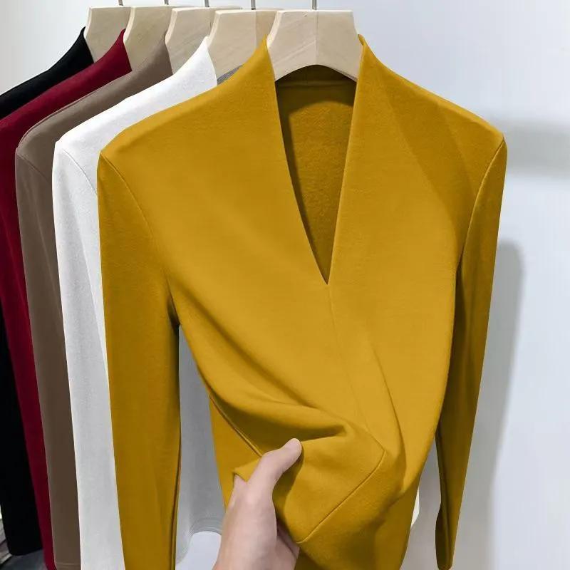 Damer Höst Vinter Enfärgade V-ringade Plus Sammet T-shirts Långärmade Smala Pullovers Underkläder Skjorta