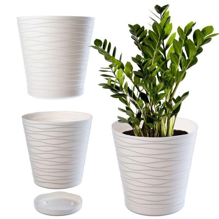 Pot De Fleurs - KADAX - 15 Cm - Plastique - Ecru - Rond Avec Soucoupe
