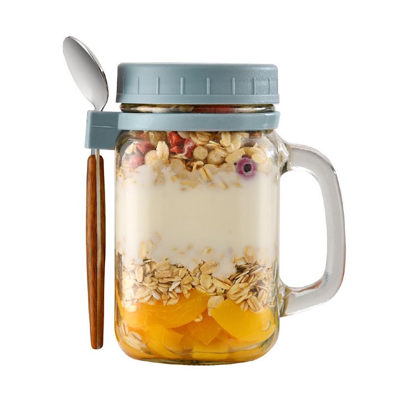 Oat Glass Cup with Spoon and Lid, Portable Handle Breakfast/Milk Jar 401—500ml