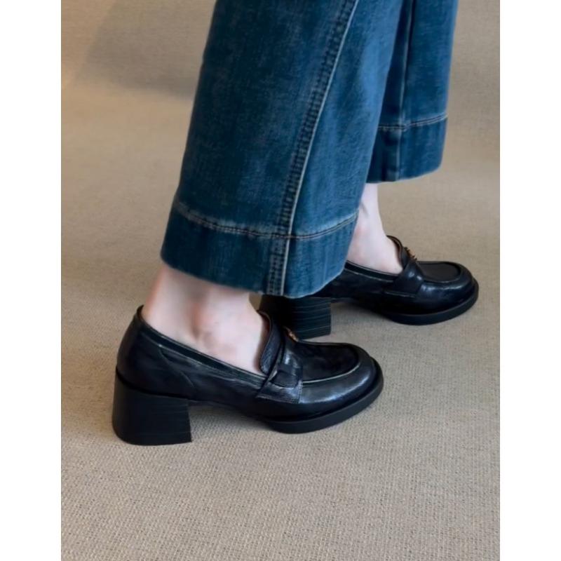 Sheepskin version~ Camellia black high heels platform leather retro women's lazy small leather shoes