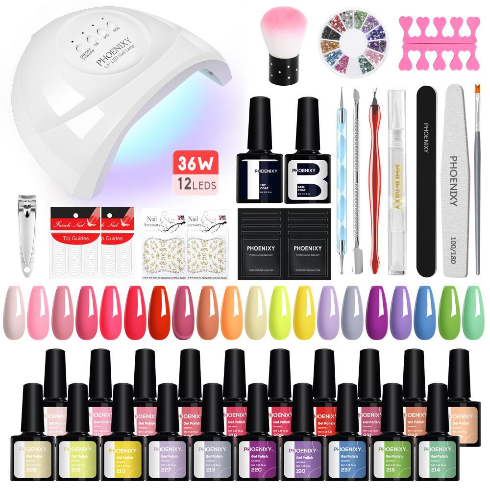 PHOENIXY 20pcs Gel Nail Polish Kit with UV Nail Lamp Top Base Coat Semi Permanent Varnish Manicure Set
