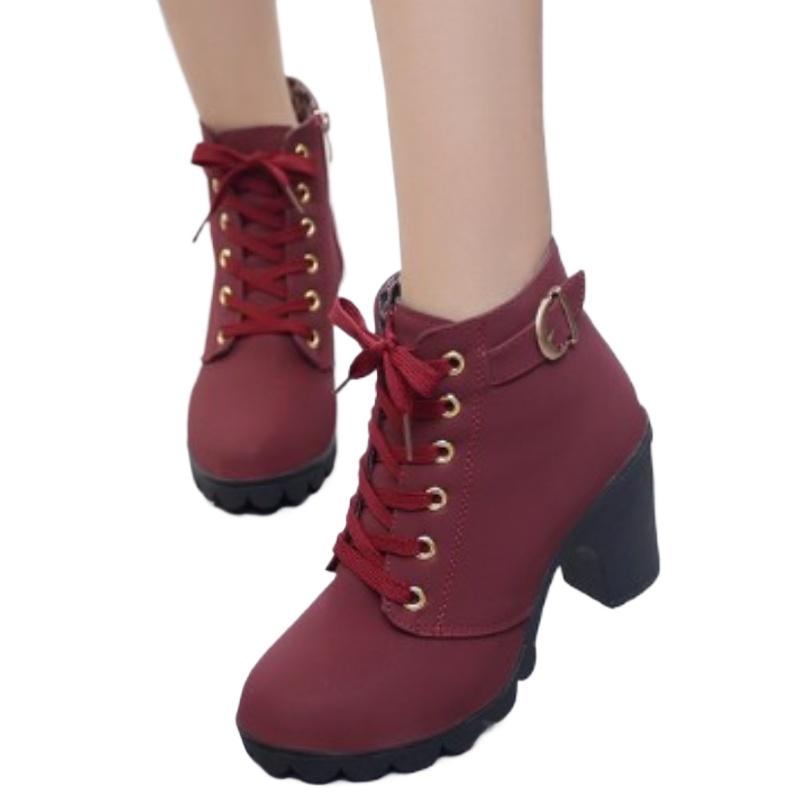 Stiefel Frauen Schuhe Frauen Mode High Heel Lace Up Ankle Stiefel Damen Schnalle Plattform Künstliche Leder Schuhe bota feminina