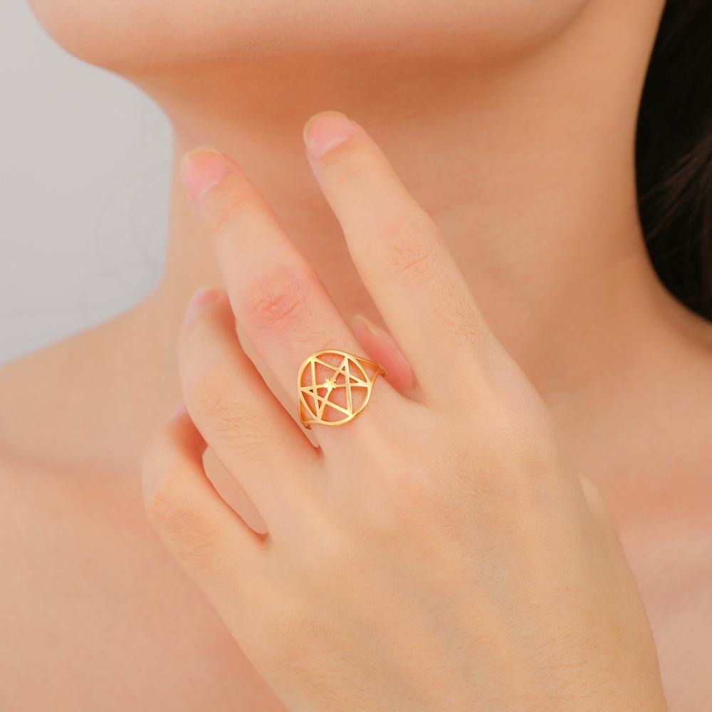 Dawapara Unicursal Hexagram Symbol Stainless Steel Ring for Men Women Thelema Sacred Geometry Spiritual Jewelry