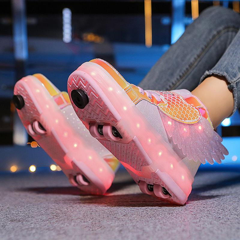 Kid's Four-wheel Detachable Flat Shoes Rechargeable LED Luminous Sports Shoes with Wings Children's Skates with Brakes Roller Skates sneakers