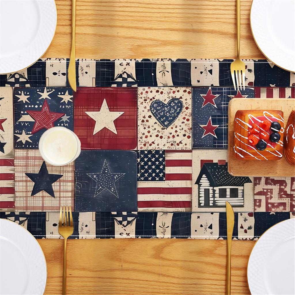 Linen Fabric Tablecloth 13x72In Vintage Independence Day Table Runner Slip-Proof Tablecloth for Placemats Table Cloth