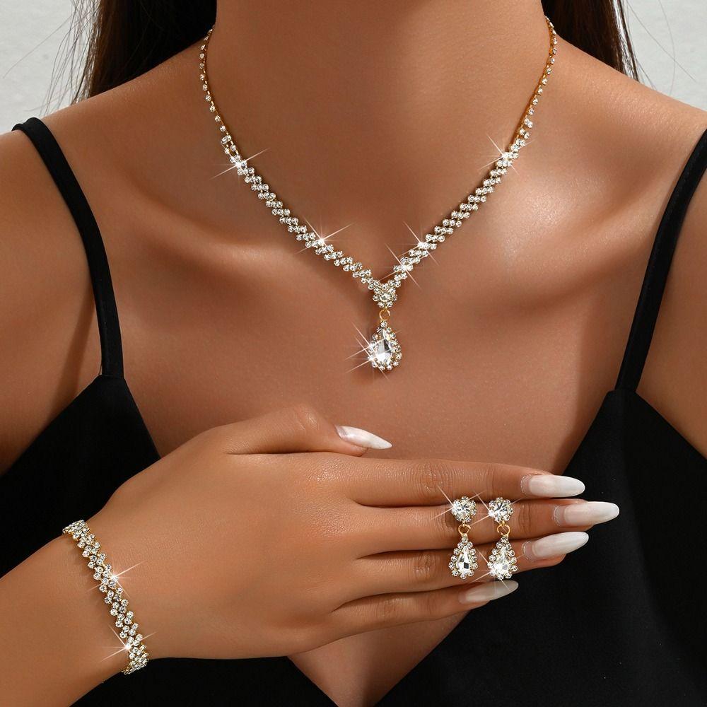 Zircon Necklace Earring Set Luxury Rhinestone Bracelet Trendy Bridal Jewelry Set  Wedding