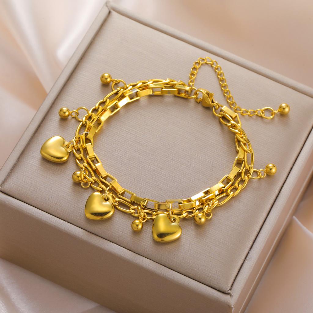 Heart Beads Charm Bracelet Stainless Steel Gold Double Layer Chain Bracelets Trendy Women Jewelry Mother's Day Gift