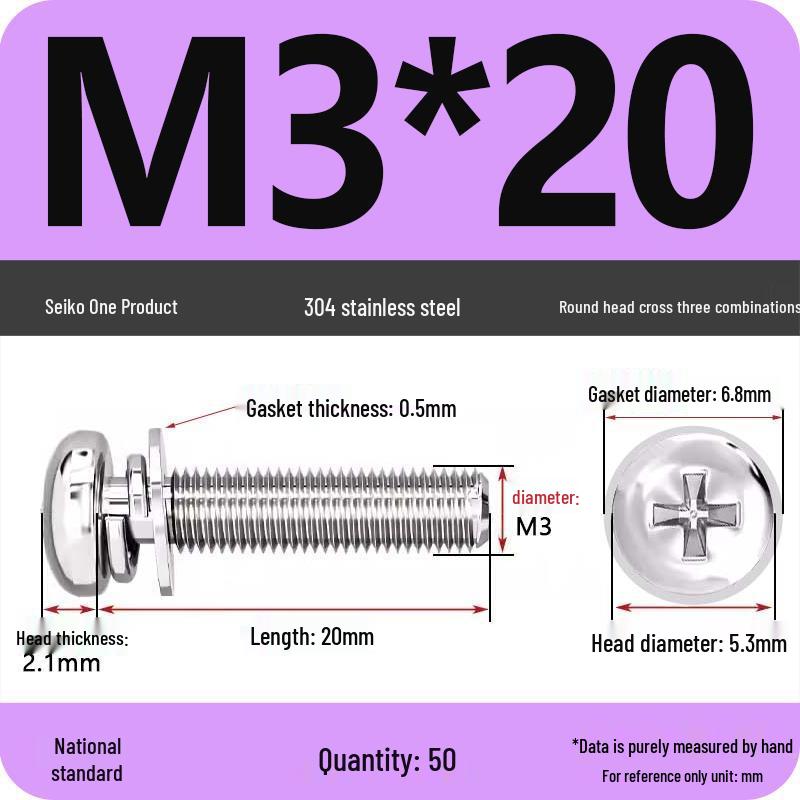 304 Stainless Steel Round Head Phillips Screw with Flat Washer (Sizes M3, M4, M5, M6)