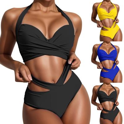 Costume da bagno da donna a fascia solido con incrocio e drappeggio sul petto, crop top, bikini a vita alta con cut-out, set da due pezzi, costume da bagno