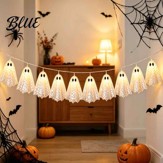 Modern Halloween Home Atmosphere Decoration String Lights with Sequin Fabric Decor Battery Operated Party Porch Decorations 10 White Ghost for Patio