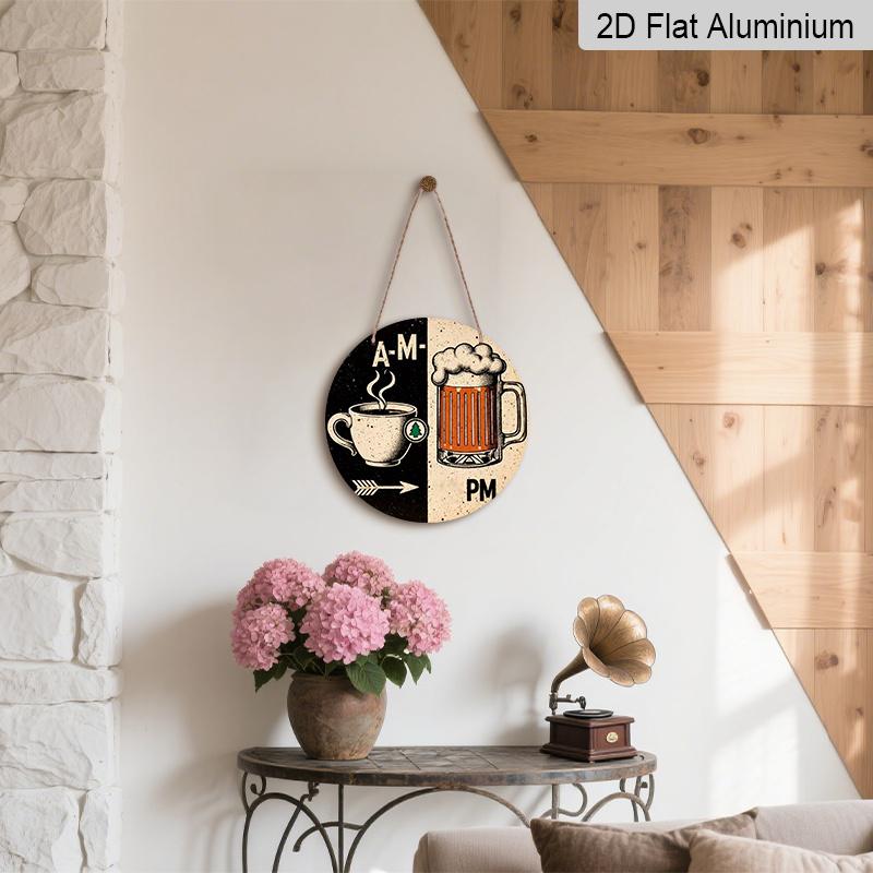 2D Flat Aluminum 7.87 Inch X 7.87 Inch "Morning Coffee, Afternoon Beer" Style Wall Hanging. Suitable for Bars, Living Rooms, Kitchens, Cafes, Clubs