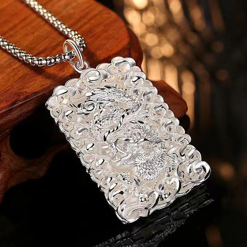 Silver-Plated Dragon Pendant Necklace with Chinese Fu Character - Double Layer Hollow Design
