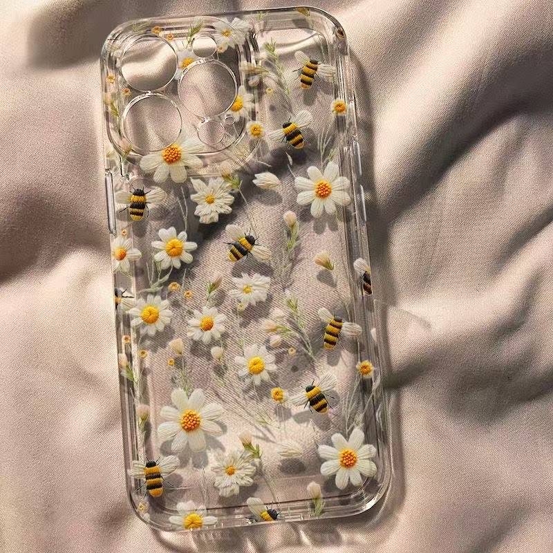 Transparent Flowers Daisies Bees Aesthetic Phone Case For iPhone 17 Pro Max Cover iPhone 16 Pro 15 14 13 12 Pro Max Japan Kawaii Girl Soft Cover