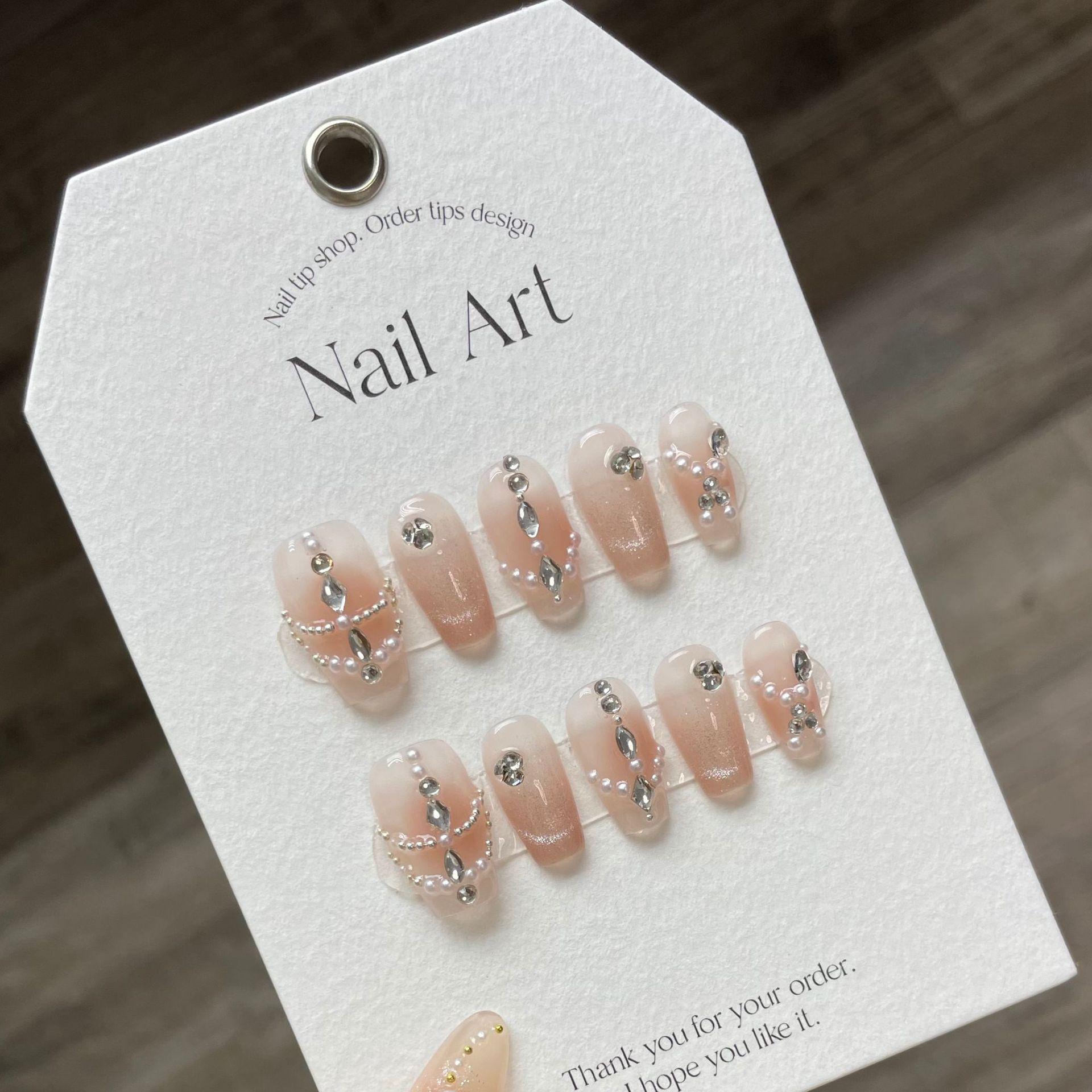 

Summer Ice Handmade Translucent Gel Nails: Joyful Blush Cat Eye Micro Beads Flash Art