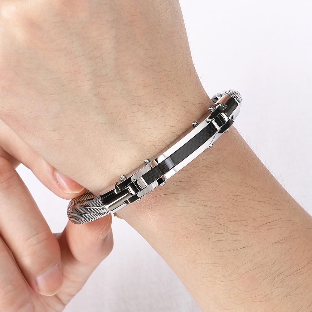 Męska Zakrzywiona Bransoletka Wrap z Włókna Węglowego dla Mężczyzny Szerokość 8MM Pleciony Łańcuszek ze Stali Nierdzewnej Biżuteria na Nadgarstek Modna Biżuteria Prezent Chłopcy