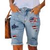 Damen Mittelhohe Gerade Bein Jeansshorts Fünf Taschen Used Look Bedruckt Rissig Knielang Lässige Hosen für den Sommer