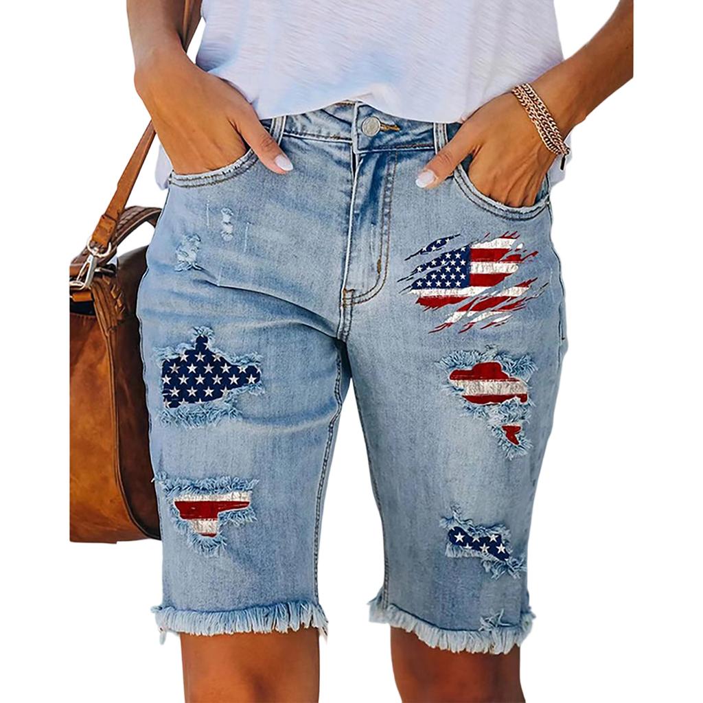 Damen Mid-Waist Straight Leg Jeans-Shorts Used Ripped Fünf-Taschen Bedruckt Knielang Lässige Hosen