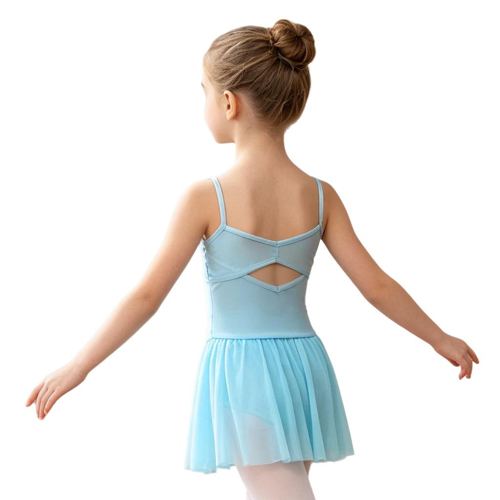 Girls Ballet Mesh Dance Dress Spaghetti Straps Cutout Back Cross Ruched Front Built In Briefs